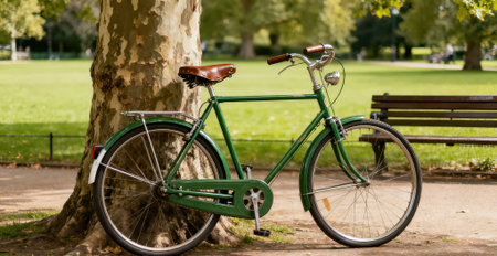 Green bicycle leaning against a tree in a park in London, UKの素材