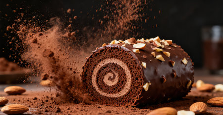 Chocolate roll with almond and cocoa powder on a dark background.の素材