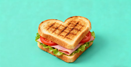 Toasted bread with ham and tomato on turquoise background.の素材