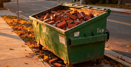 Garbage container full of red bricks on the street in autumn.の素材