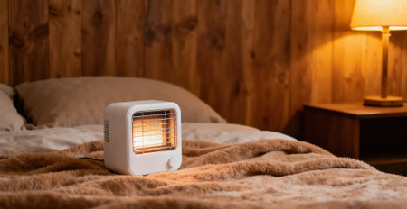 Modern heater on the bed in the room with a wooden wall.の素材