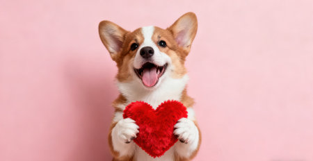 Welsh corgi dog holding a red heart on a pink backgroundの素材
