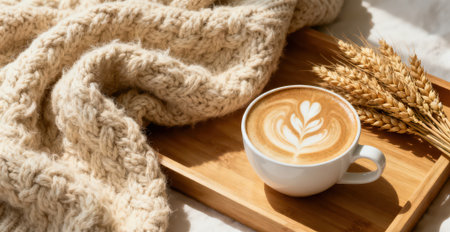 Coffee cup with warm scarf and ear of wheat on wooden tray.の素材