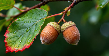 Close up of acorns on a tree branch with water dropletsの素材