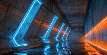 3d rendering. Futuristic corridor with glowing neon lights. Futuristic background.の素材