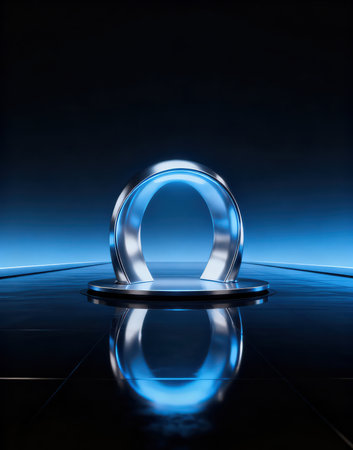 3d illustration of blue metal ring on dark background with reflection.の素材