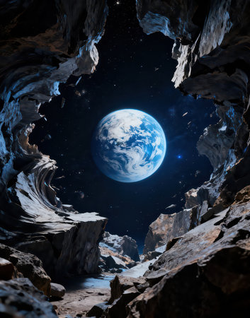 View of a beautiful alien planet from a cave. 3d renderingの素材