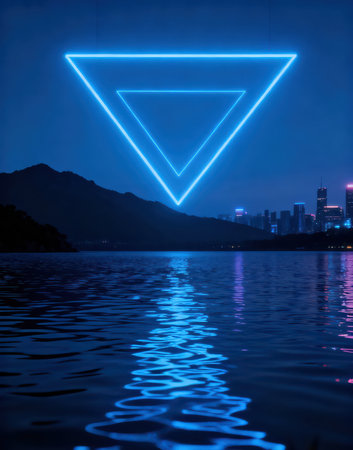 Neon triangle on the lake with mountain and city background, technology conceptの素材