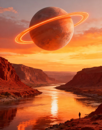 Fantasy alien planet. Mountain and river. 3D illustration.の素材