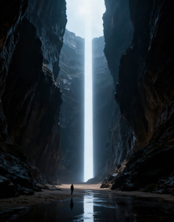 Man standing in a dark cave with light coming from the end.の素材