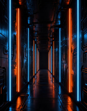 Futuristic corridor with glowing neon lights. 3D rendering.の素材