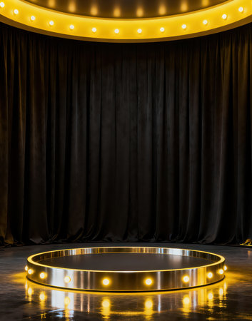 Stage with black curtain, spotlights and round stage. 3d renderの素材