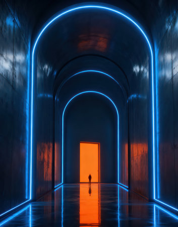 Futuristic corridor with neon lights and a silhouette of a manの素材