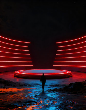 Man in front of a glowing neon stage. 3D Renderingの素材