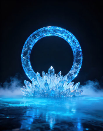 Glowing blue crystal on black background. 3d render illustration.の素材