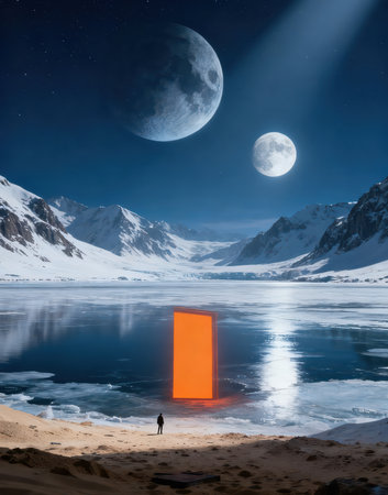 Fantasy landscape of a man standing on the shore of a frozen lake and looking at the moonの素材