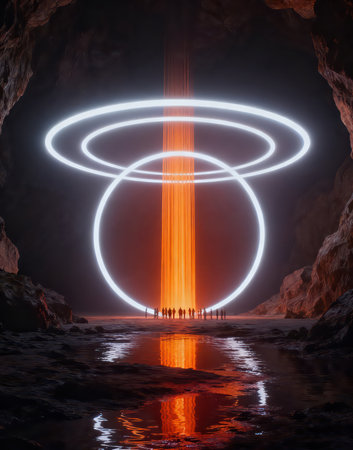 Futuristic portal in a dark cave with neon lights and reflectionsの素材