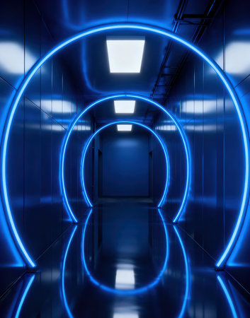 3d render of abstract interior corridor with neon lights. Sci-fi backgroundの素材