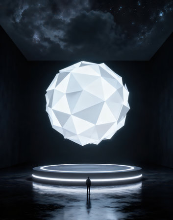 3d rendering of a man standing in the dark room with a big white sphereの素材