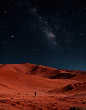 Silhouette of a man standing on top of a sand dune and looking at the Milky Wayの素材