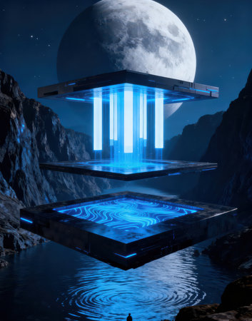 Futuristic Sci-Fi Spaceship with Blue Moon in the Backgroundの素材