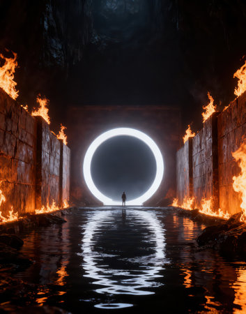 Man standing in a dark tunnel with fire coming out of it.の素材