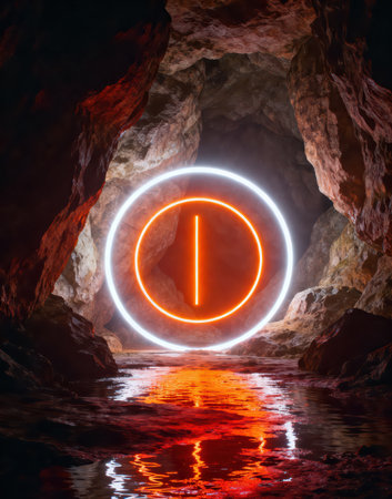 Neon sign in a dark cave. 3D Rendering.の素材