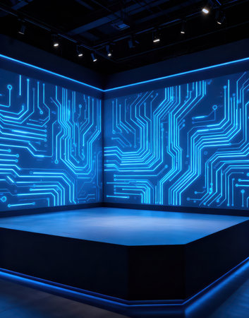 Futuristic empty stage with blue neon lights. 3d renderingの素材