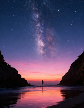Milky Way over the ocean and a man standing at the beachの素材