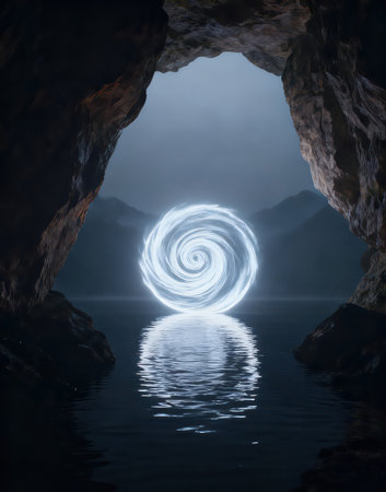 Fantasy landscape with a cave in the sea. 3d renderingの素材