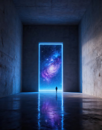 Man standing in front of door in dark room. Future and technology conceptの素材