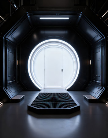 Futuristic black spaceship interior with door. 3D Renderingの素材