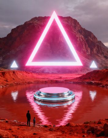 3D rendering of a futuristic podium with neon lights on the backgroundの素材