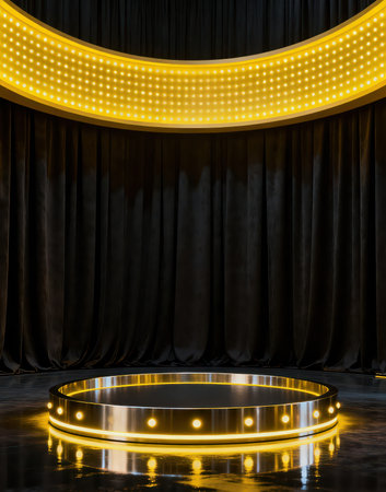 Round stage podium illuminated by spotlights and curtains on background. 3d renderの素材