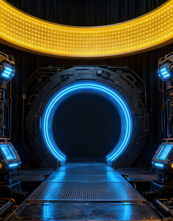 3d render of an empty stage with neon lights. Futuristic interiorの素材