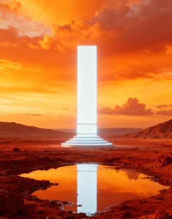 Doorway in the desert at sunset. 3D rendering.の素材