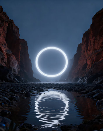 Fantasy alien planet. Mountain and lake. 3D illustration.の素材