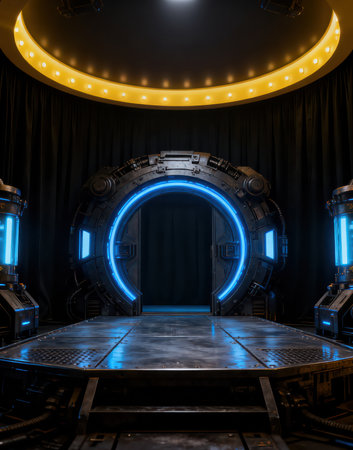 Empty stage with glowing blue lights in the dark. 3d renderingの素材