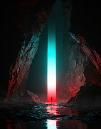 Fantasy scene with a man standing in a cave. 3d renderingの素材