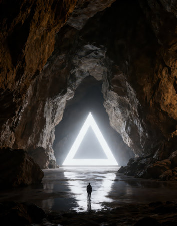 Man standing in the cave with neon light. 3D Renderingの素材