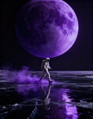 Astronaut in space suit walking on ice surface with full moonの素材