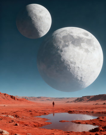Man standing on the edge of a red desert and looking at the moonの素材