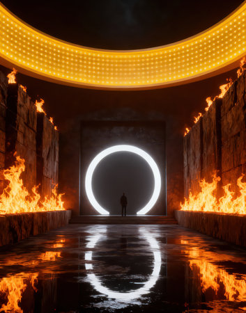 A man stands in front of a portal with a glowing circle in the middle.の素材