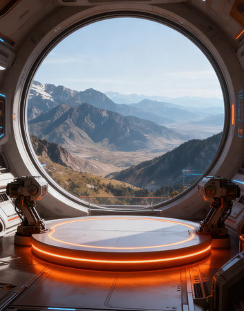 View from the window of a spaceship with a view of the mountainsの素材