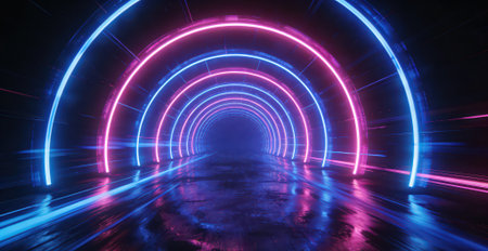 3D rendering. Futuristic abstract background with neon lights. Neon tunnelの素材