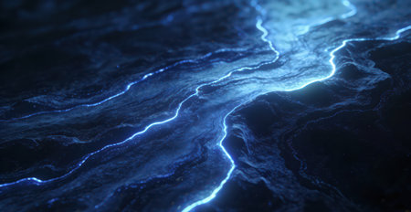 Blue lightning on dark blue background, 3D rendering. Computer digital drawing.の素材