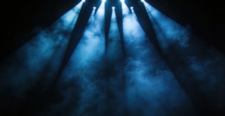 Stage Spotlight with smoke and spotlights. Stage lighting effect. Abstract background.の素材