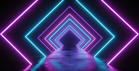 3D abstract background with neon lights. neon tunnel.space construction..3d illustrationの素材