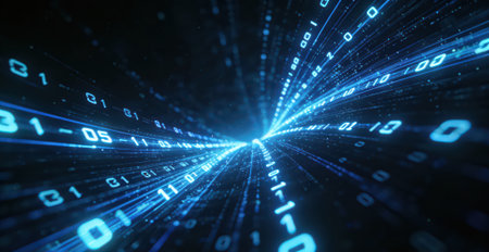 3d illustration of blue digital binary code flowing through a tunnel.の素材