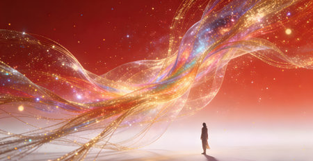 Futuristic abstract background with a woman in a virtual space.の素材